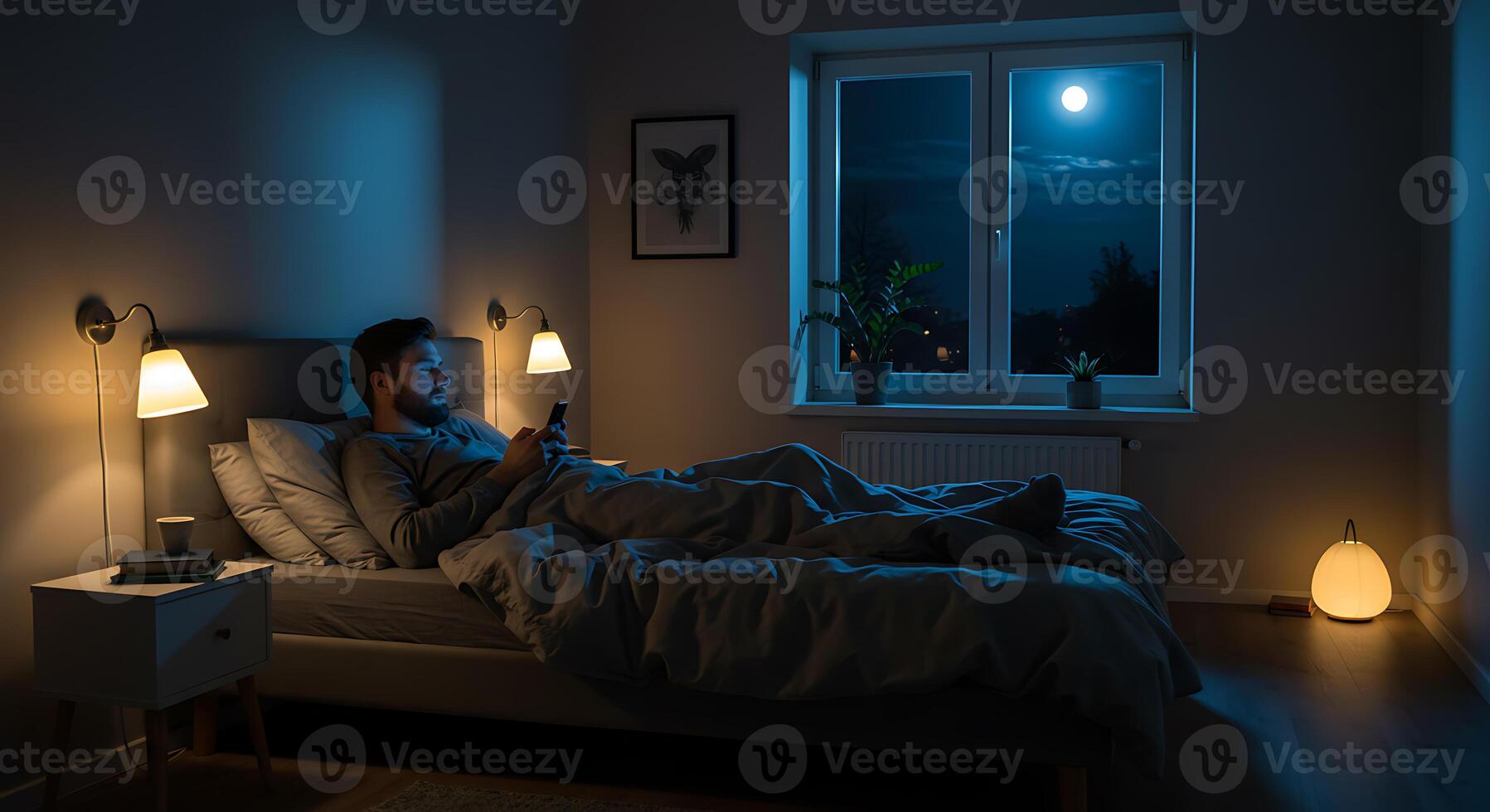 Nighttime Serenity Man Relaxing in Bed Under Moonlight photo