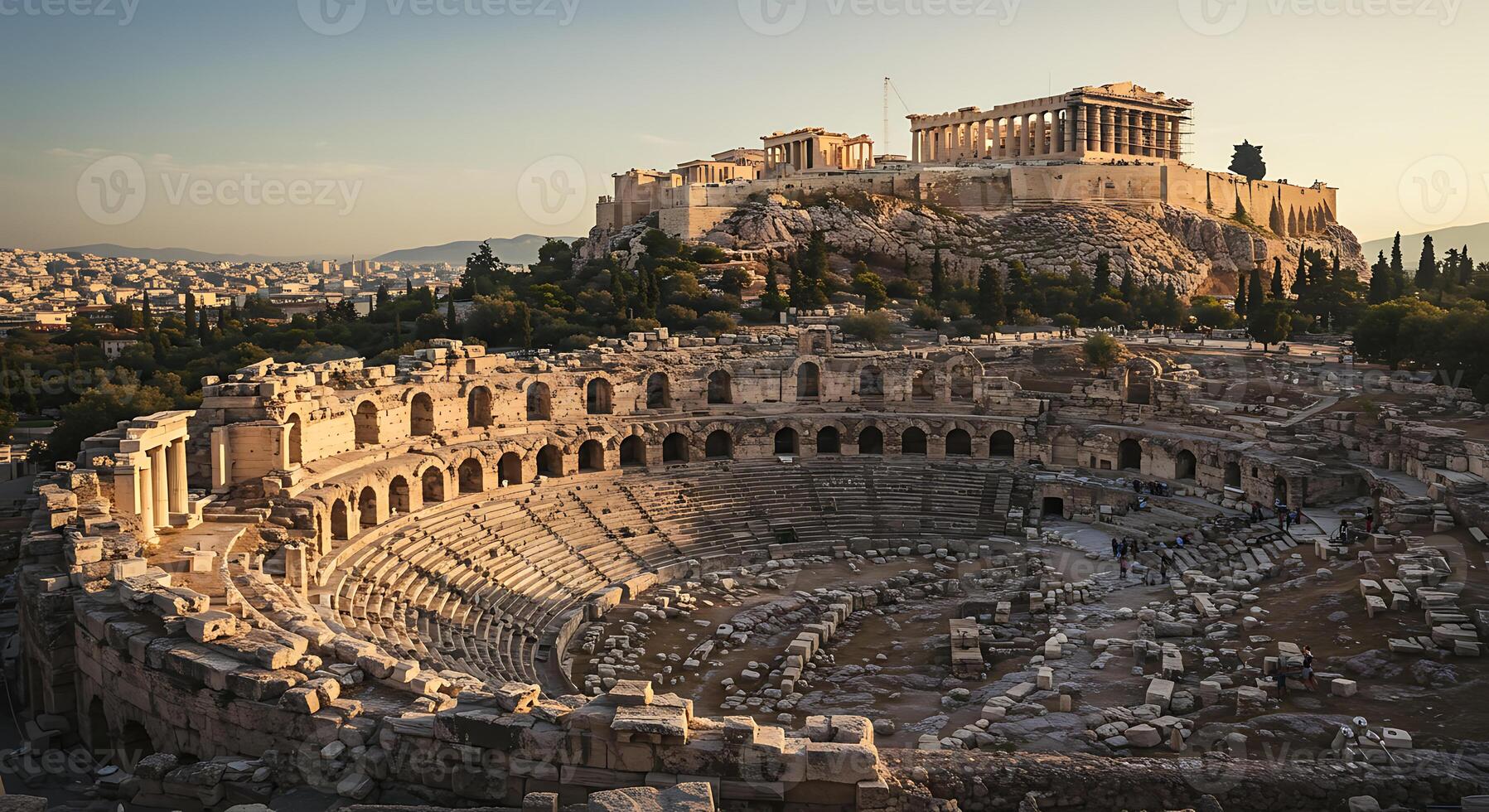 Ancient Odeon of Herodes Atticus and Acropolis Golden Hour Panorama photo