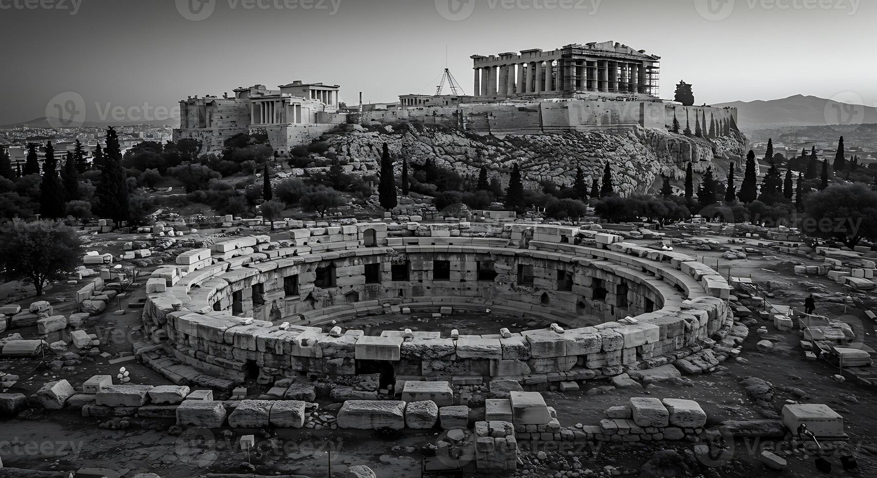 The acropolis and the parthenon in black and white photo