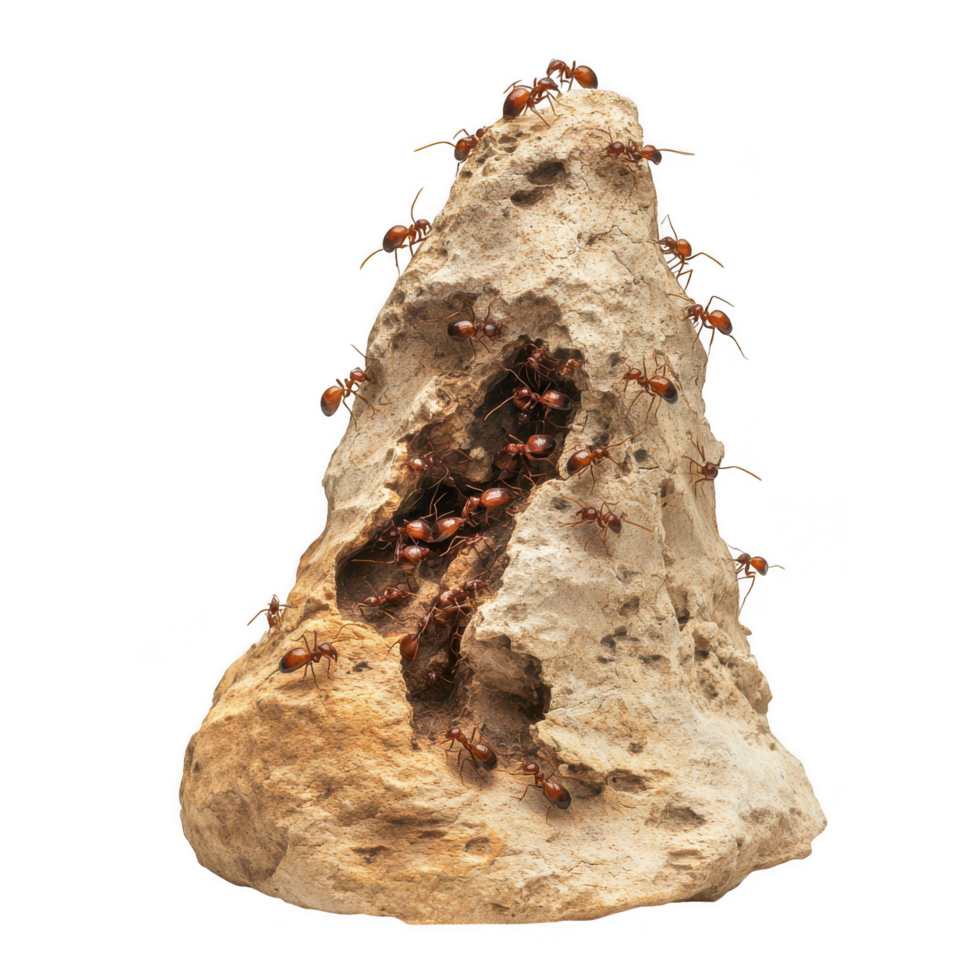 Ant mound with termites cohabitating, showcasing unique ecosystem. structure is made of soil and organic materials, teeming with life and activity png