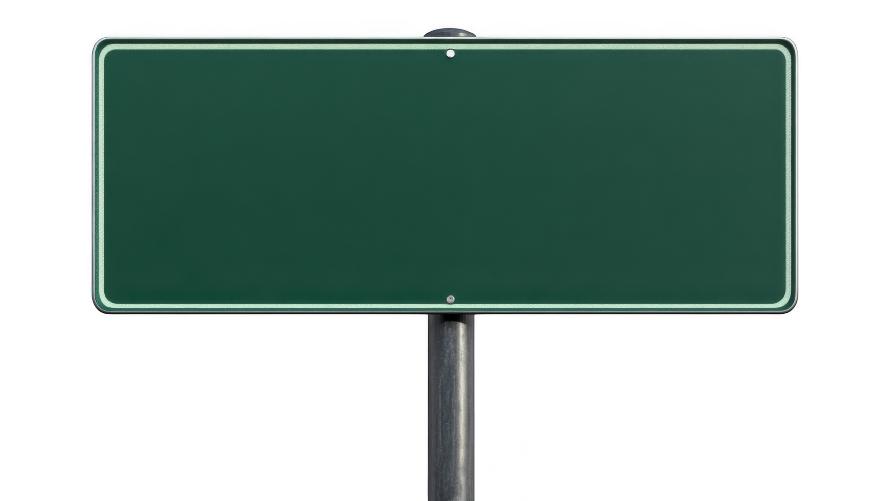 blank green rectangular street sign with metal pole stands against transparency background, ready for customization png