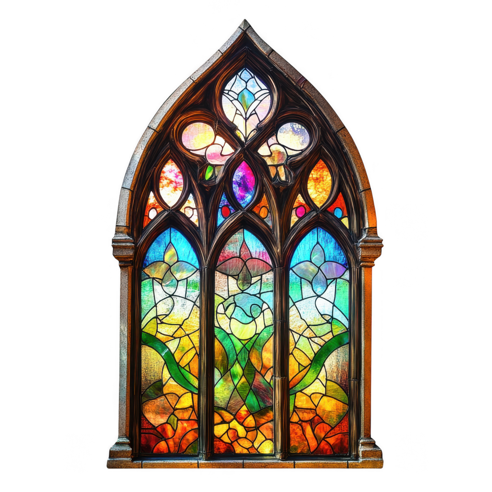 Stained glass window featuring intricate colorful floral designs, showcasing vibrant hues and artistic craftsmanship. beautiful addition to any architectural setting png