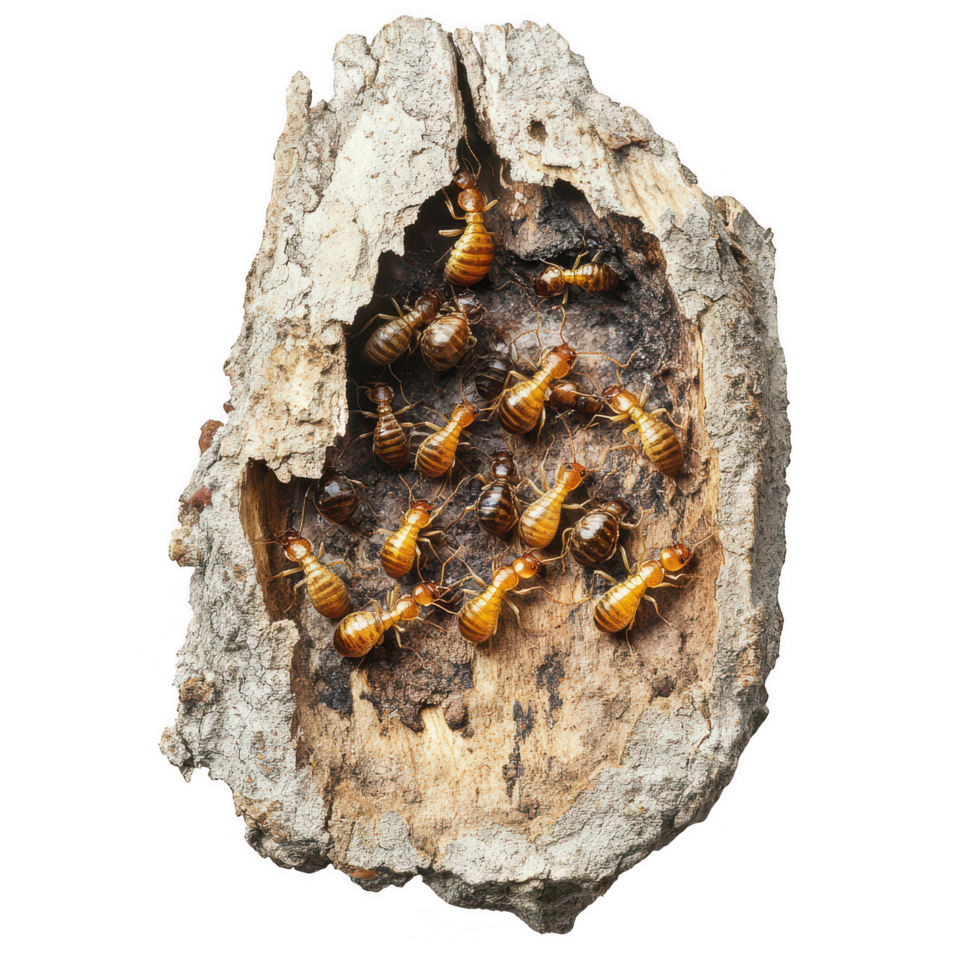Termites in wooden nest, showcasing their intricate colony structure and teamwork. These subterranean insects play vital role in ecosystem by breaking down wood png