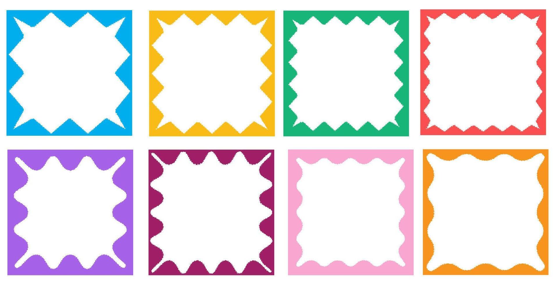 Set of colorful square wavy ink drawn frames. Zigzag wavy edges, psychedelic photo frames, text boxes, borders vector