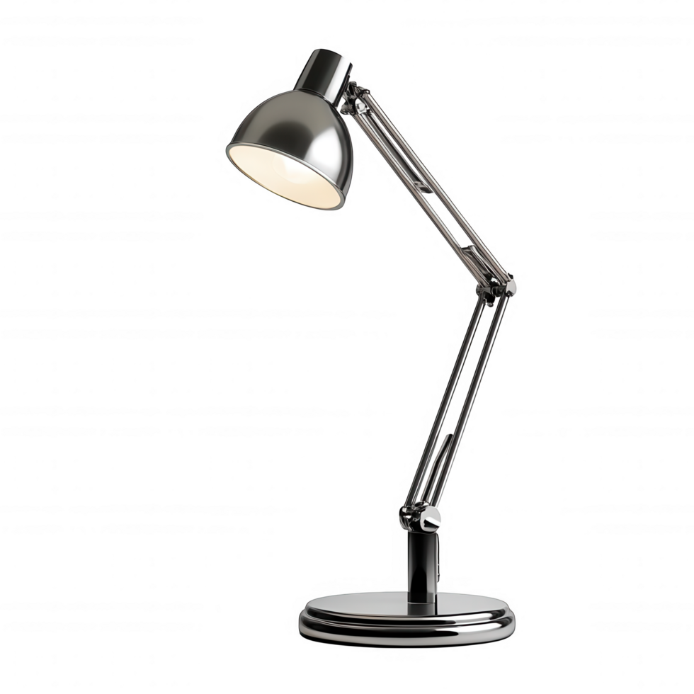Sleek metal desk lamp with modern minimalist design, perfect for any workspace. Its adjustable arm provides versatile lighting options, enhancing productivity and style png