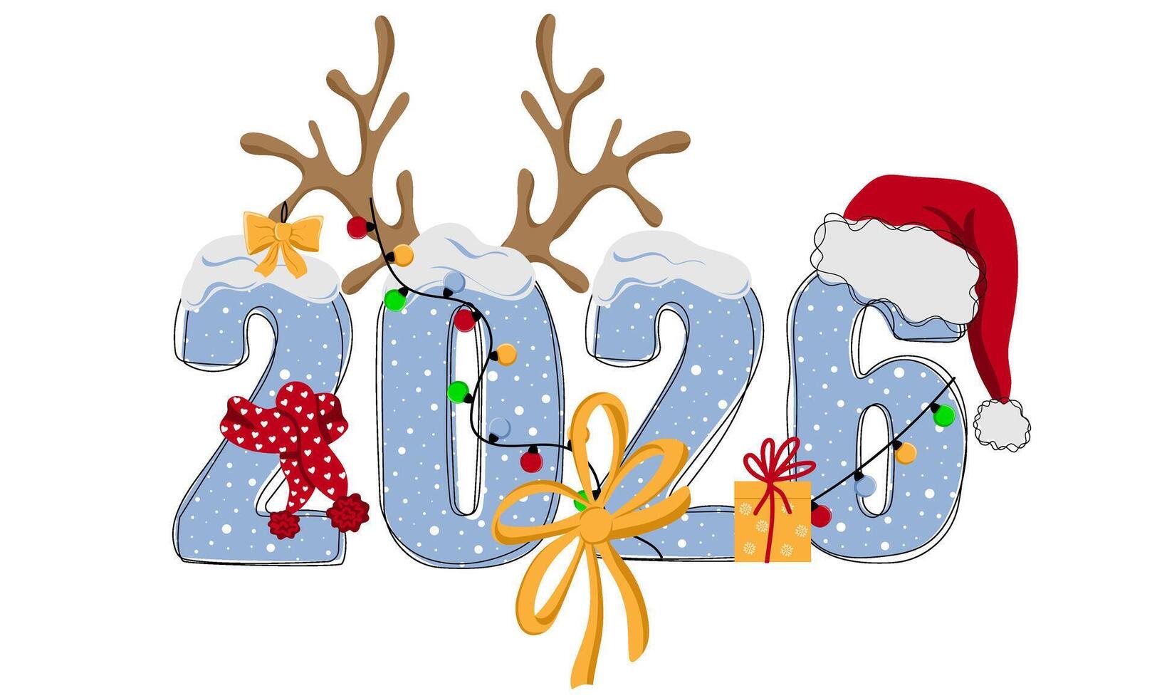 Hand drawn doodle number of 2026 with scarf, santa hat, antler and garlands. Happy new year. Christmas design for poster, banner, t shirt, card, flyer. vector