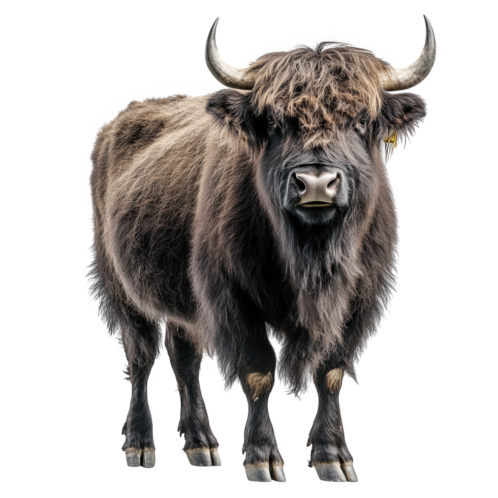 strong and majestic hybrid animal, this yak and domestic cattle mix showcases thick, shaggy coat and impressive horns. Its presence evokes sense of strength and resilience png