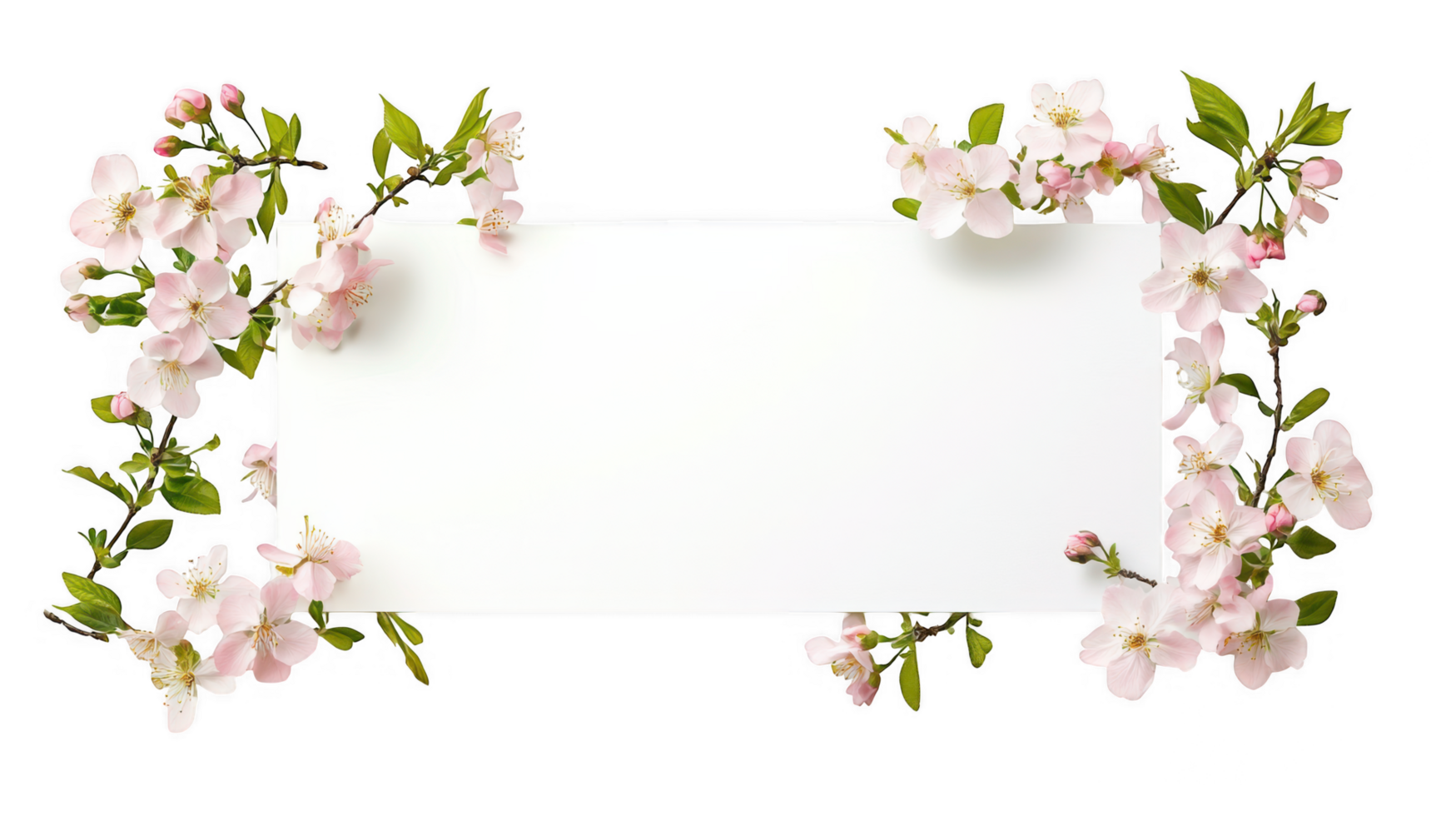 white rectangular billboard is adorned with pink cherry blossoms and green leaves, creating fresh and vibrant spring themed design. floral arrangement frames blank space, perfect for text or png