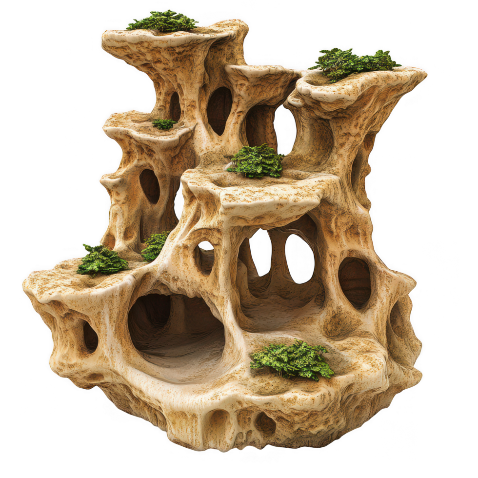 Fungus growing on unique termite mound with interconnected tunnels, showcasing intricate natural formations and greenery. This structure highlights beauty of nature architecture png
