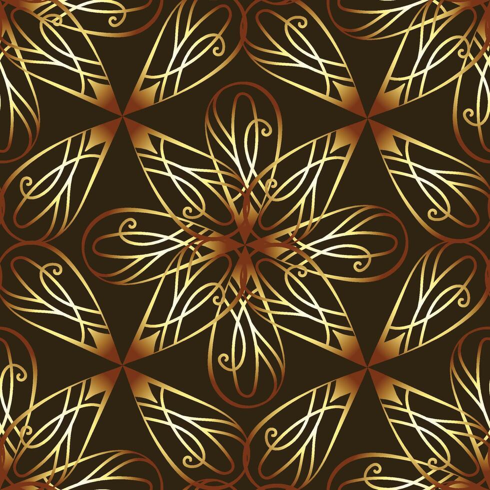 Seamless Art Nouveau inspired pattern features intricate abstract golden floral ornament on a dark brown background. Perfect for luxury textiles, wallpapers, branding, and digital projects. vector