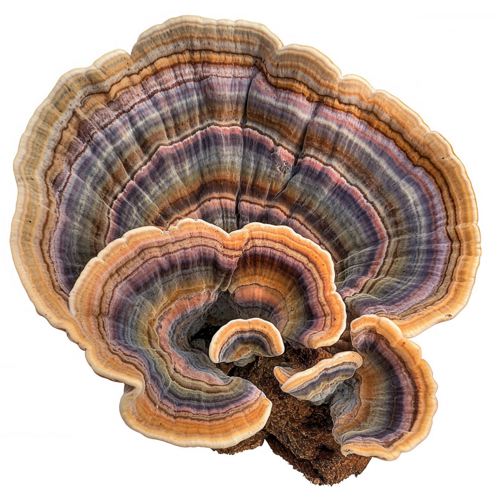 Colorful Turkey Tail mushroom with fan shaped structure and wavy rings, showcasing vibrant hues of purple, orange, and brown. stunning natural display of fungi png