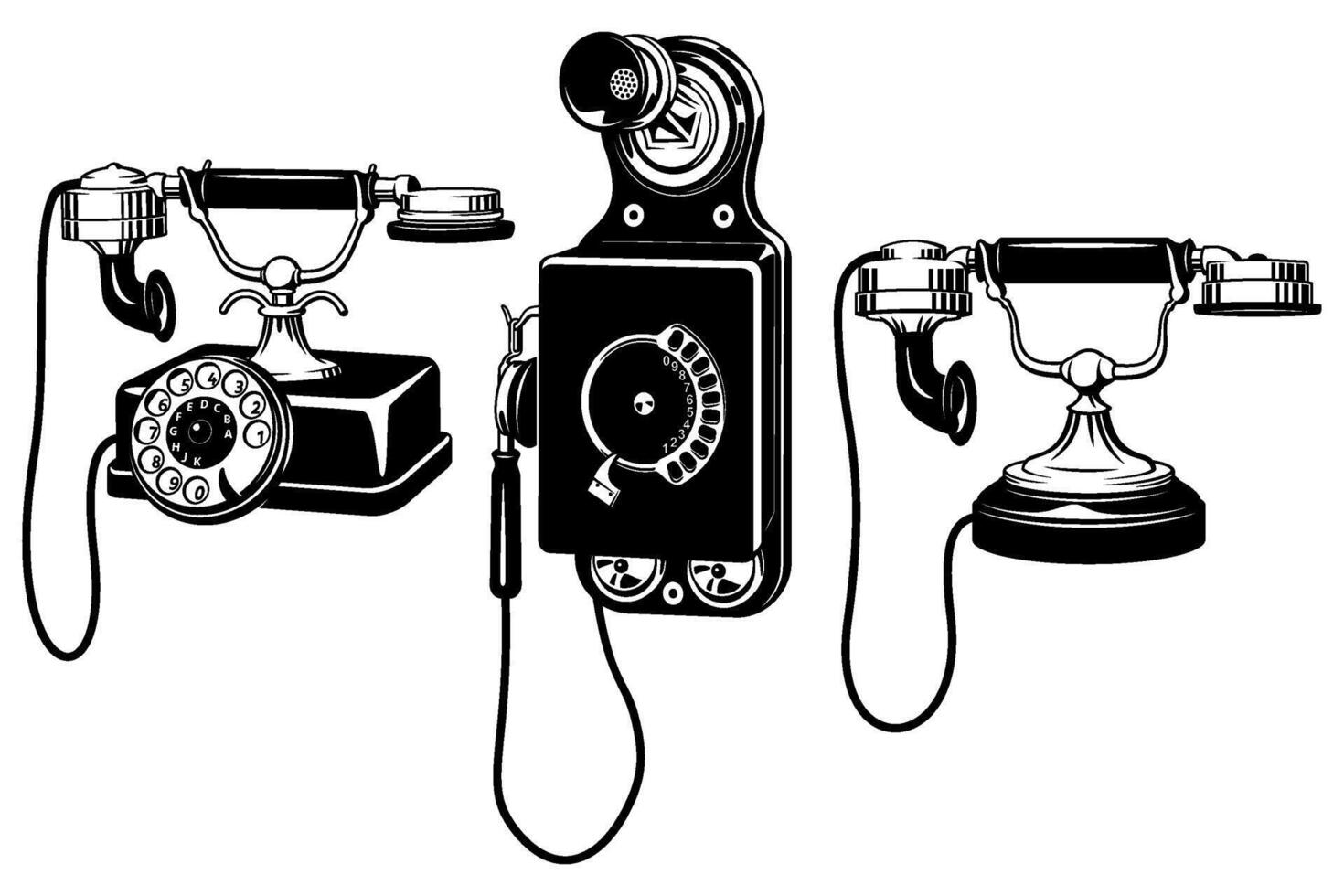 Vintage Telephones. Black and white cliparts isolated on white. vector