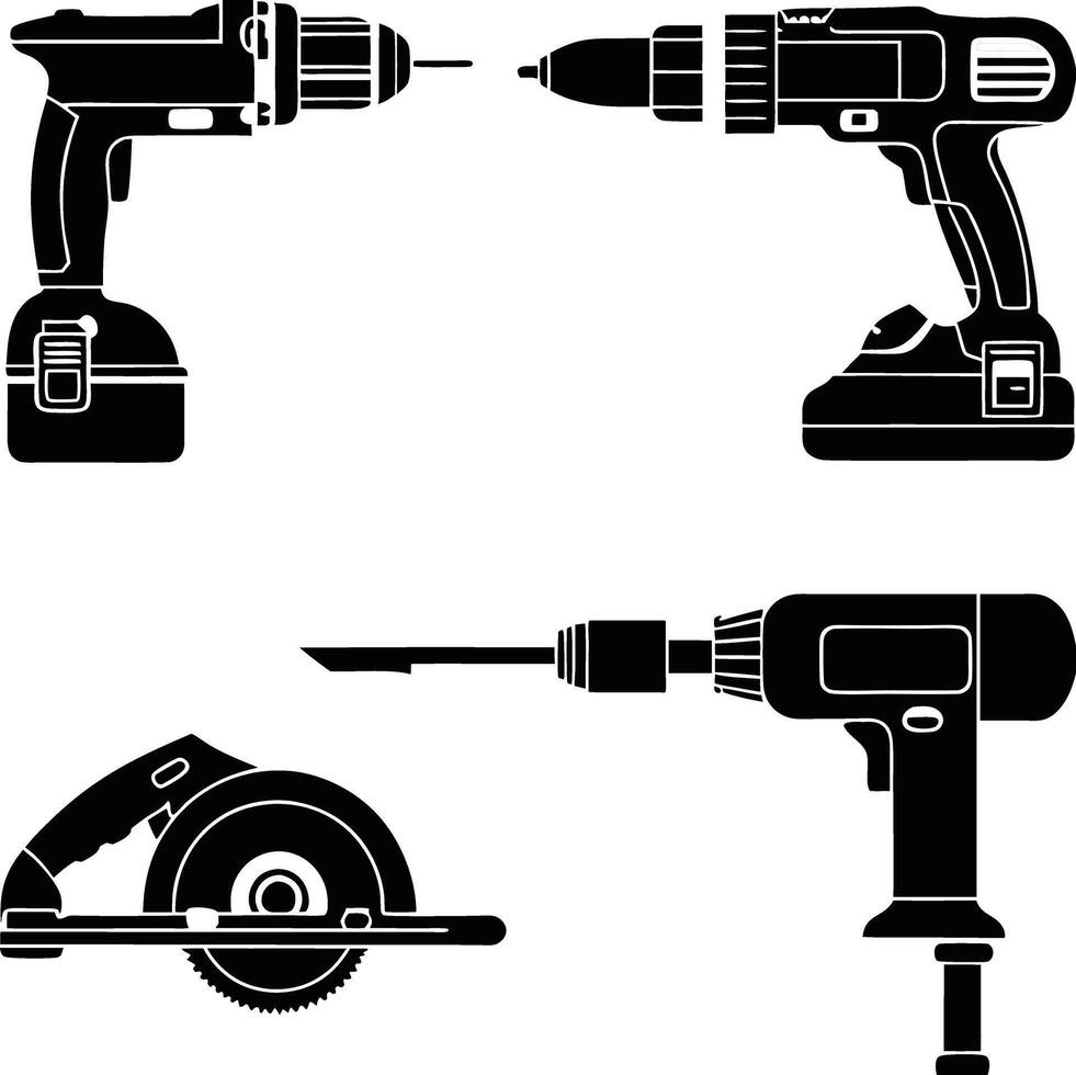 Assorted Power Tools Collection Including Cordless Drills and Circular Saw vector