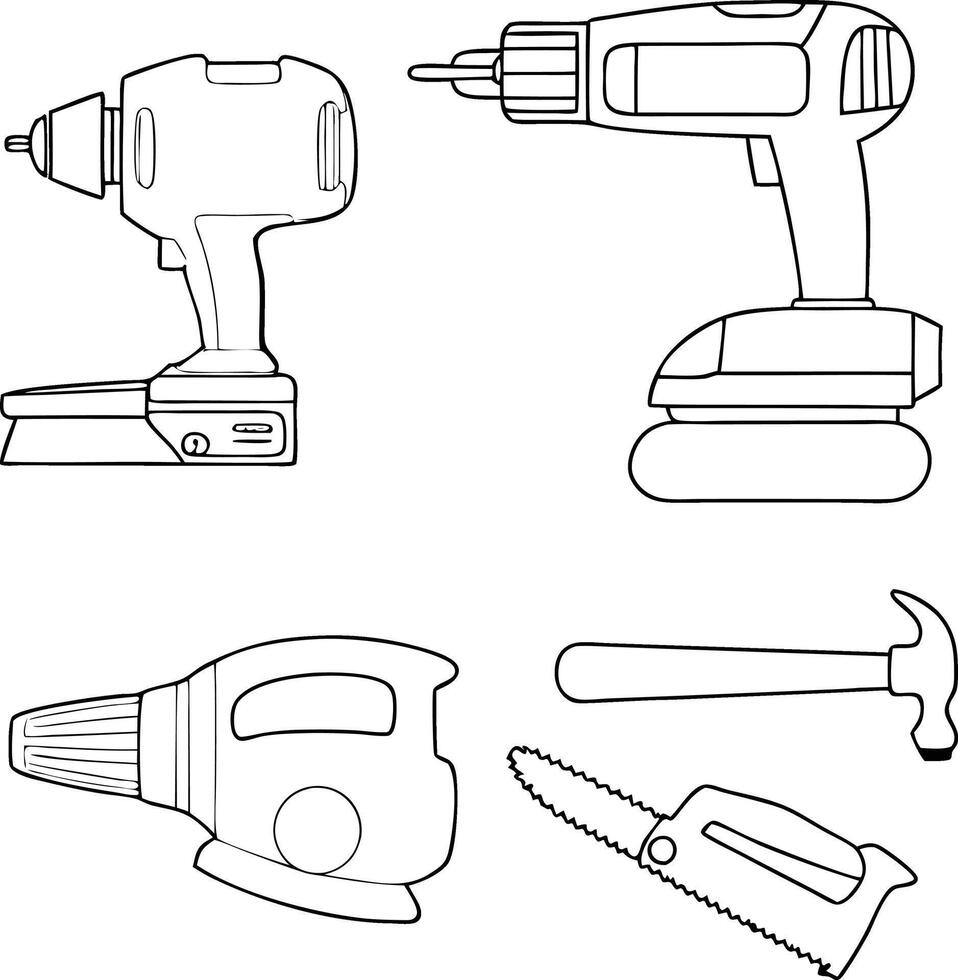 Collection of Handheld Power Tools and Equipment for DIY Projects and Home Repairs vector