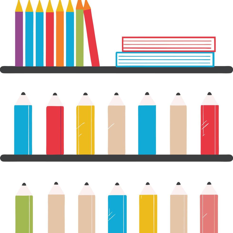 School books and pencils on shelves vector