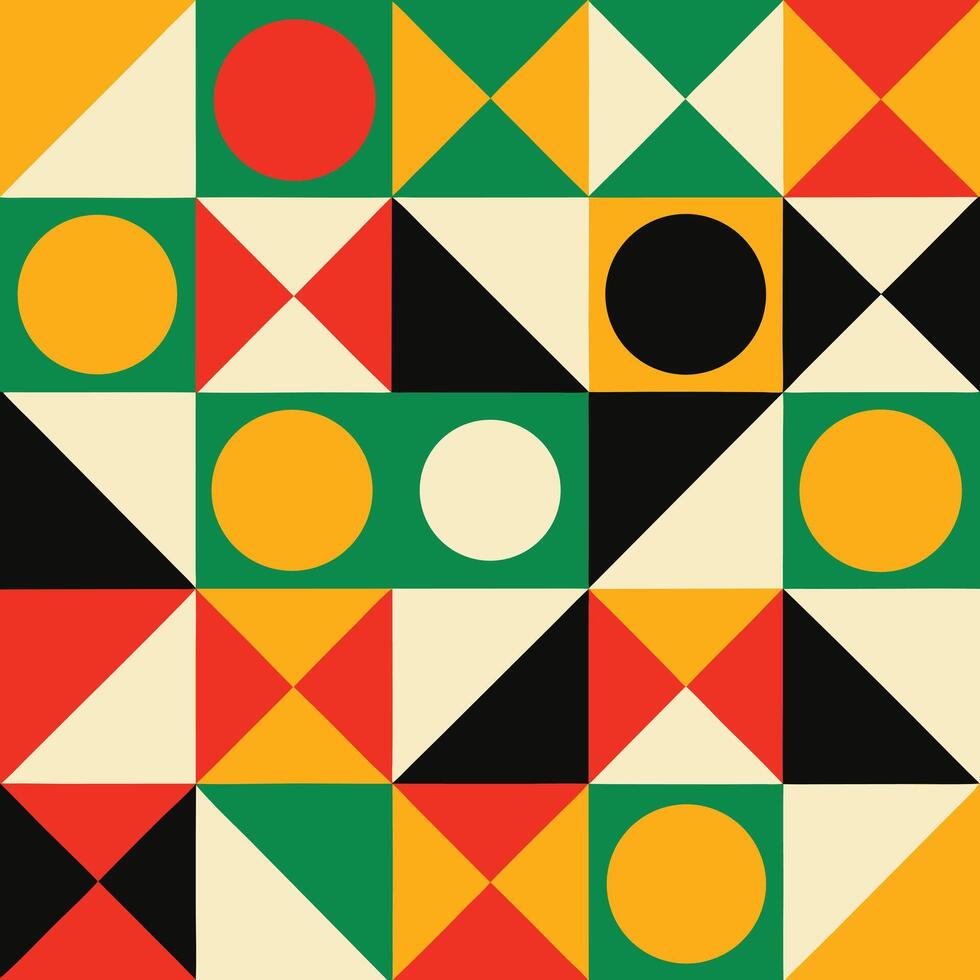 Vibrant Geometric Abstract Art with Circles and Triangles in Red Yellow Green and Black vector