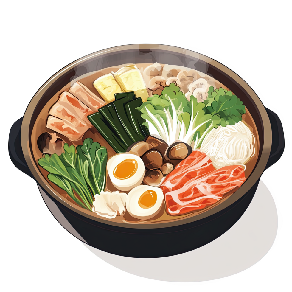 steaming pot of shabu broth filled with fresh vegetables, sliced meats, and flavorful ingredients creates delightful culinary experience. vibrant colors and textures invite you to enjoy warm meal png
