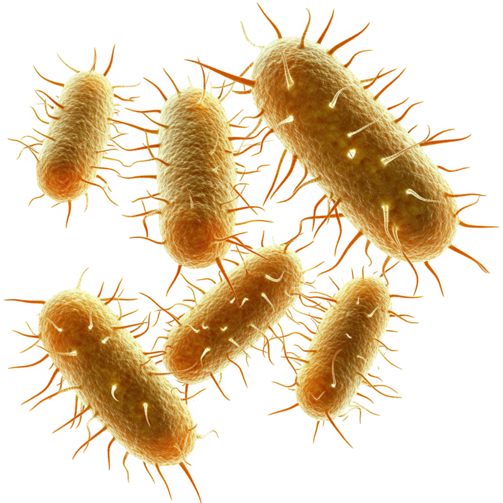 Bacteria are microscopic organisms that can be found various environments. This showcases several rod shaped bacteria with hair like structures, highlighting their unique features and potential png