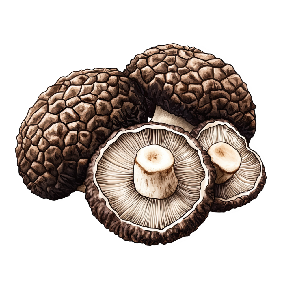 Highly prized truffle fungi illustration showcasing unique texture and structure of these underground mushrooms, evoking sense of culinary luxury and gourmet delight png