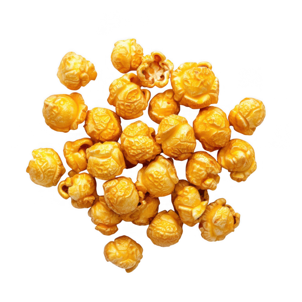 Crispy and golden popcorn pieces scattered on transparency background, showcasing their delightful texture and shape, perfect for snacking and enjoying during movie nights png