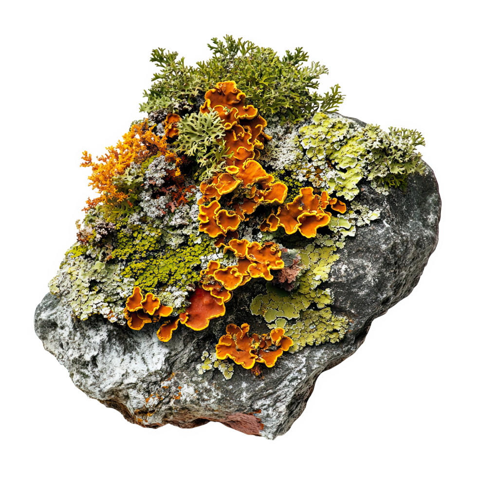 Colorful lichens on rock showcase vibrant symbiotic relationship, creating stunning natural display of textures and hues that evoke sense of wonder and beauty png
