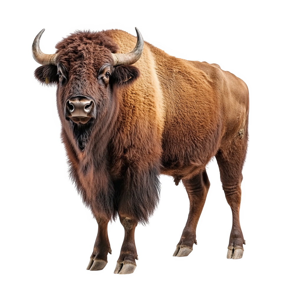 Beefalo is hybrid animal, cross between bison and domestic cattle, known for its unique appearance and robust build. This majestic creature showcases thick, shaggy coat and impressive horns png