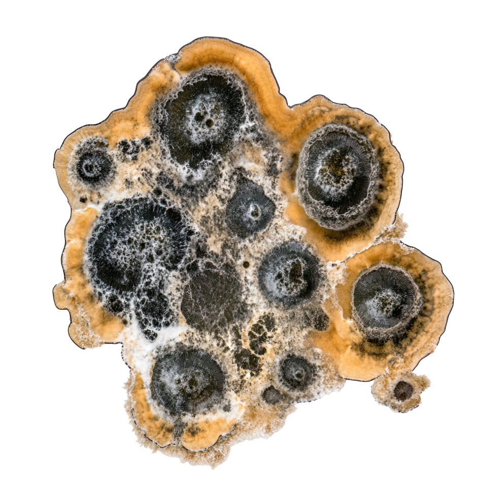 Fungal colonies exhibit intricate patterns and textures, showcasing blend of earthy tones and organic shapes. This captures beauty of nature decay and transformation png