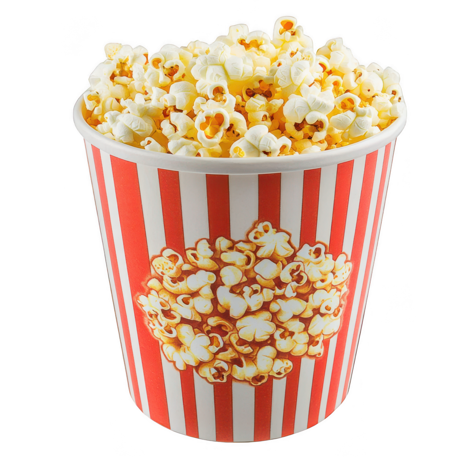 Cinematic popcorn tub with red and white stripes, filled with fluffy popcorn, evokes sense of nostalgia and excitement for movie nights. Perfect for sharing and enjoying png