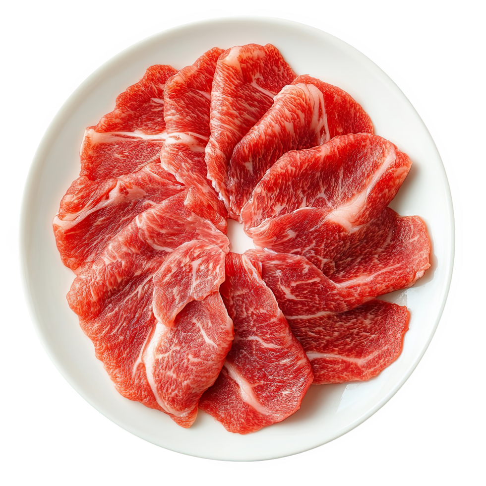 Thinly sliced beef arranged beautifully white plate, showcasing vibrant red and marbled textures, perfect for shabu shabu or hot pot dishes. This presentation evokes sense of culinary artistry png