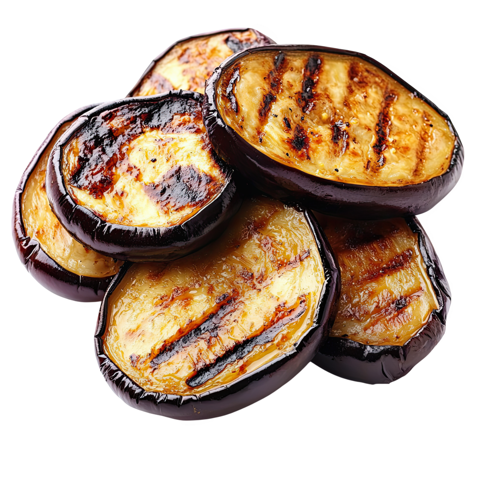 Grilled eggplant slices are perfectly charred and soft, showcasing deliciously smoky flavor that enhances any dish. These vibrant slices are ideal for salads or as side png