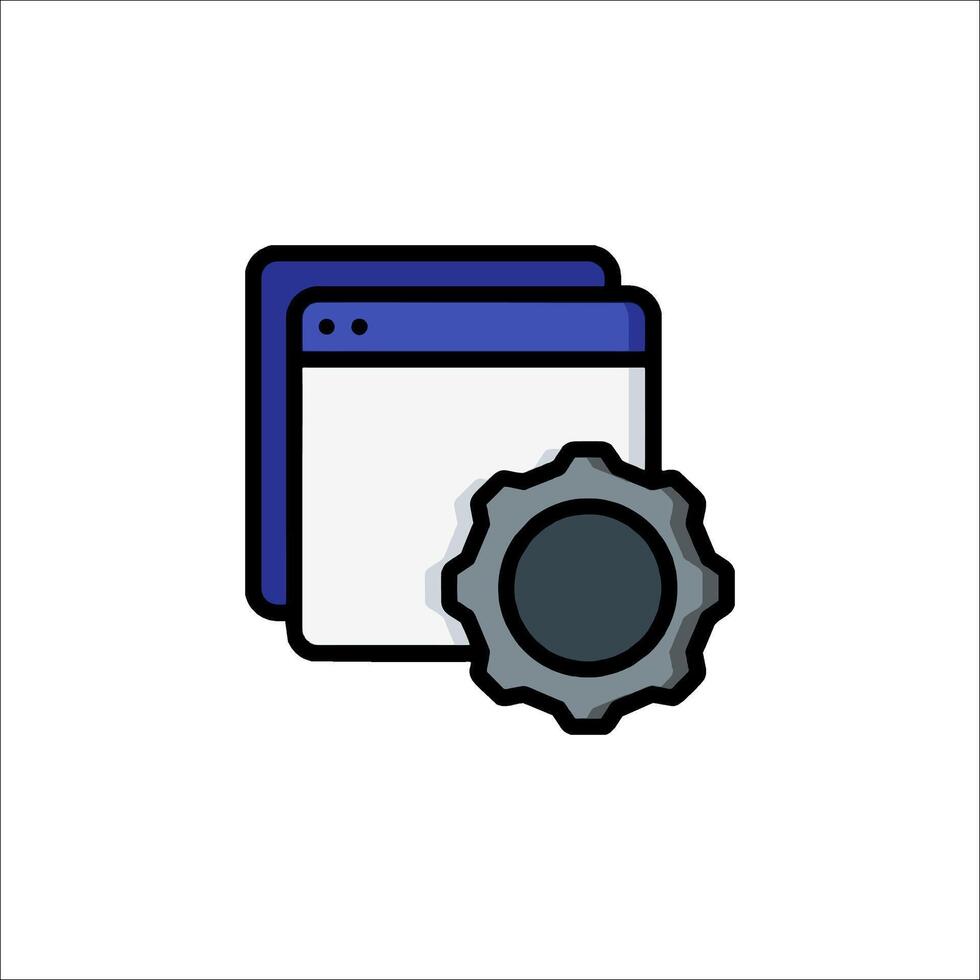 A blue and white icon of a computer and a gear vector