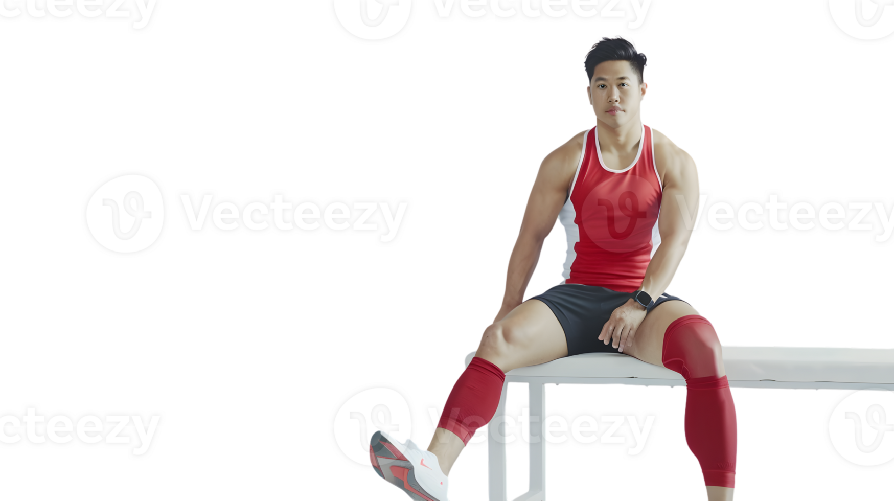 Athlete in Red and Black Gear Sitting on a Bench Ready for Sports Action png