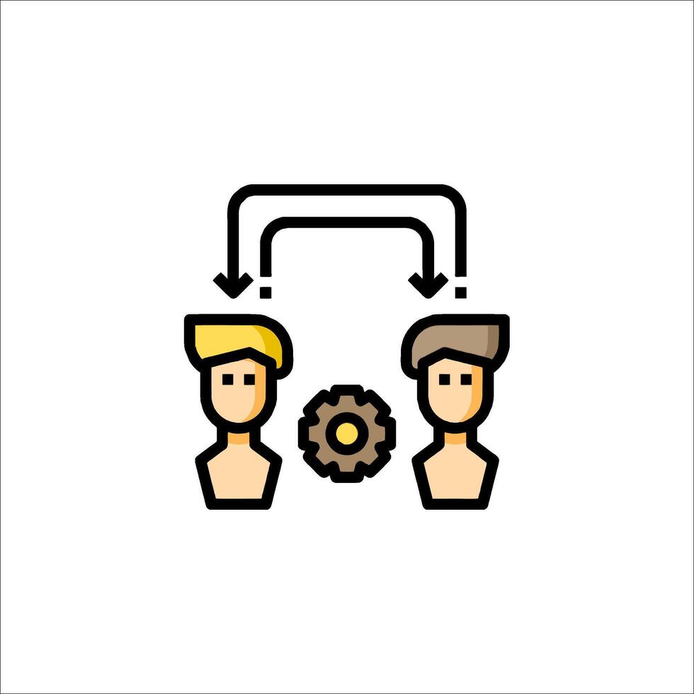 Two people are standing next to a gear wheel icon vector