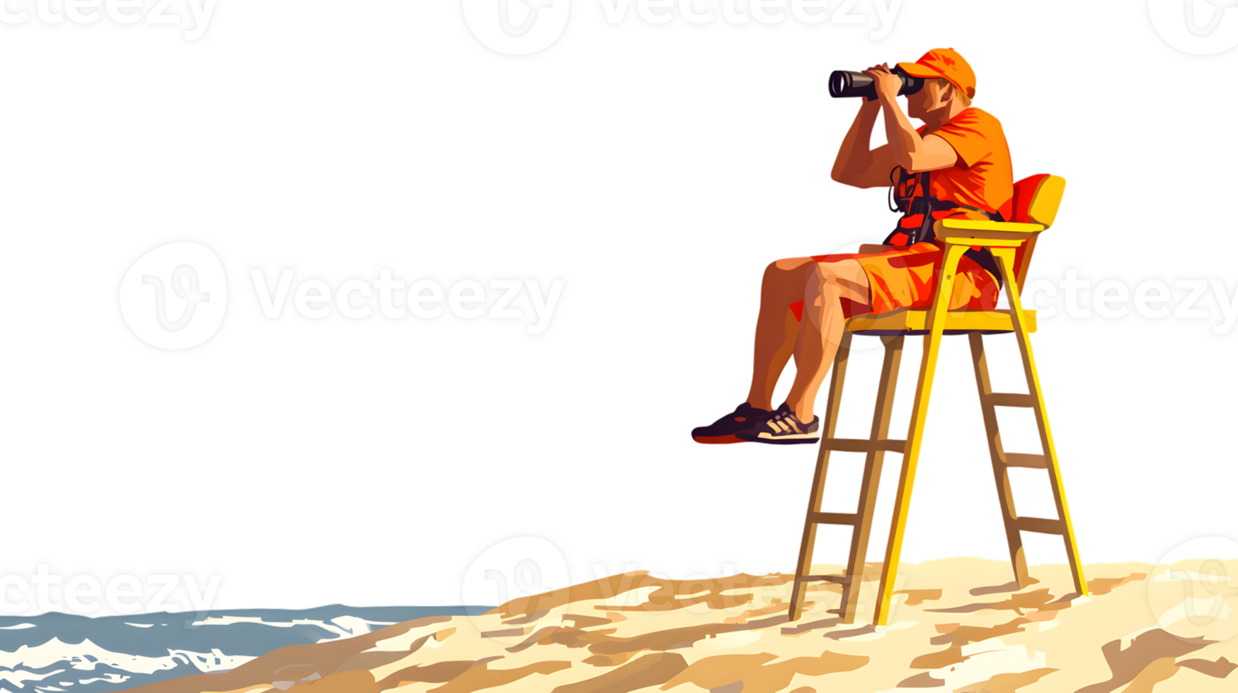 Lifeguard on Duty Watching Over the Beach with Binoculars from a Tower png