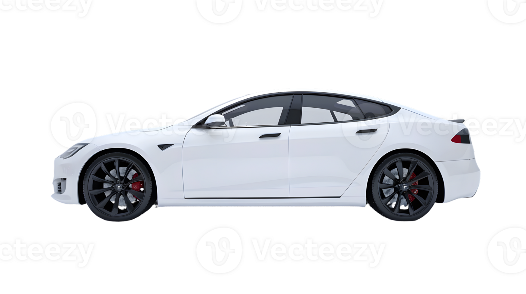 A sleek modern electric vehicle showcased in a side profile view with black rims and red brake png