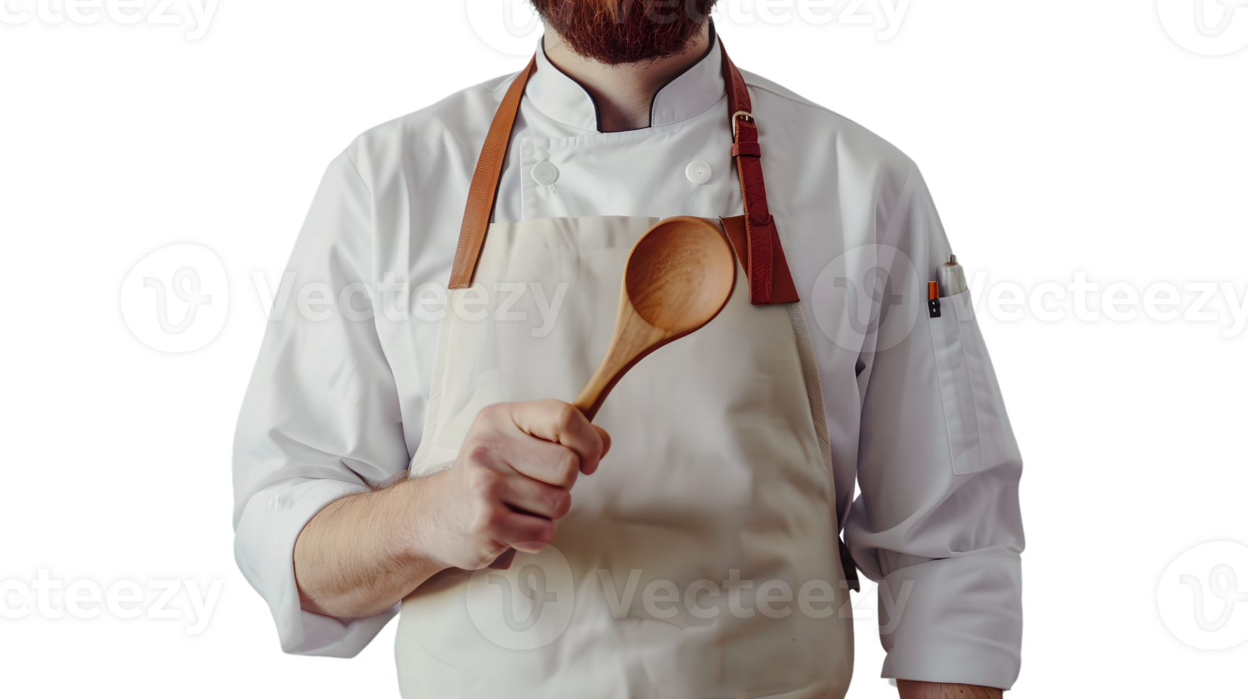 Chef in White Uniform Holding Wooden Spoon Cooking Professional with Apron and Tools Culinary png