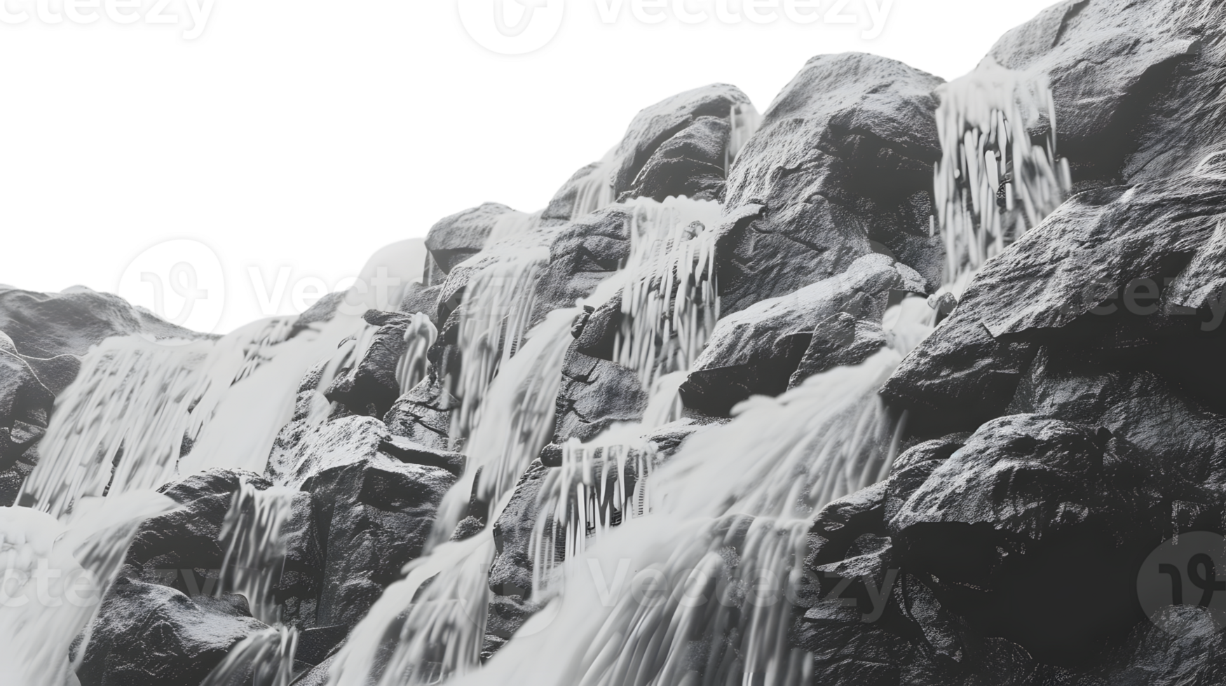 Cascading Waterfall on Snowy Rocks in Black and White png