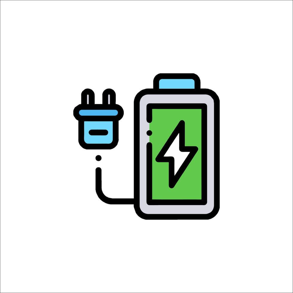 A battery icon with a green light and a green plug vector
