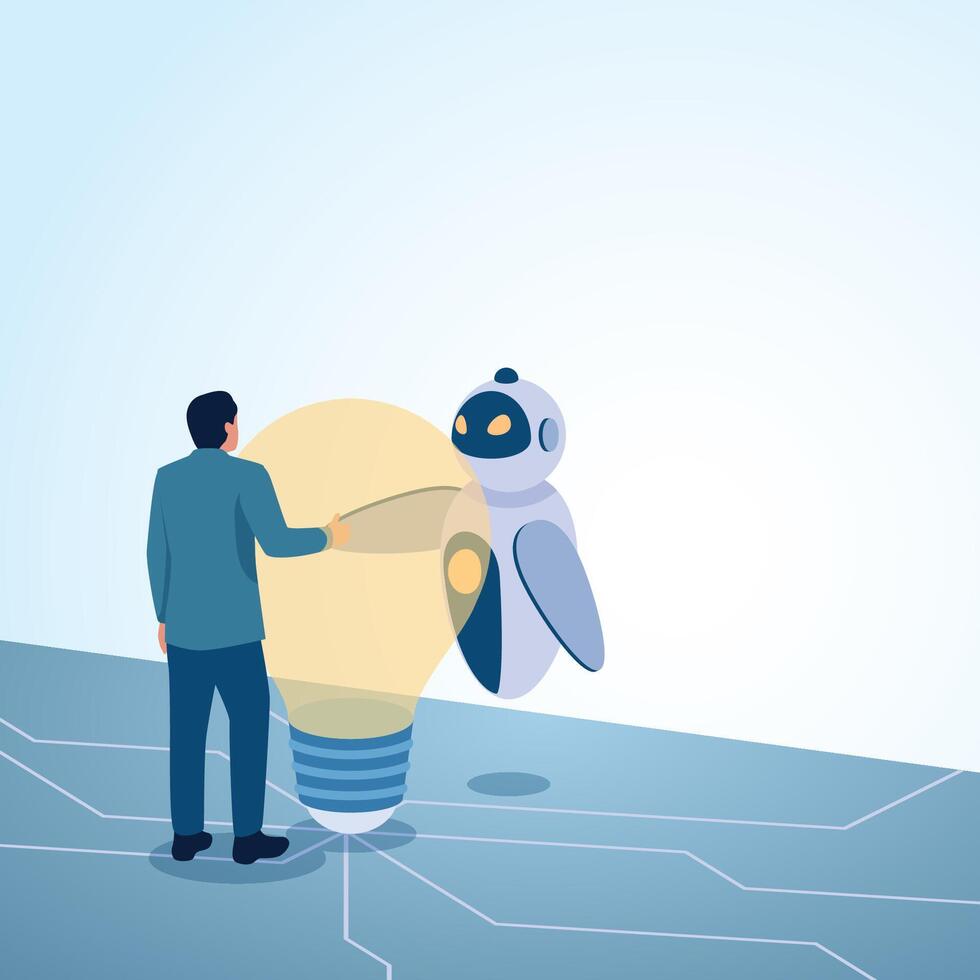 A man shaking hands with a robot in a big idea bulb. A metaphorical illustration for the integration of artificial intelligence, unification and the digital future. vector