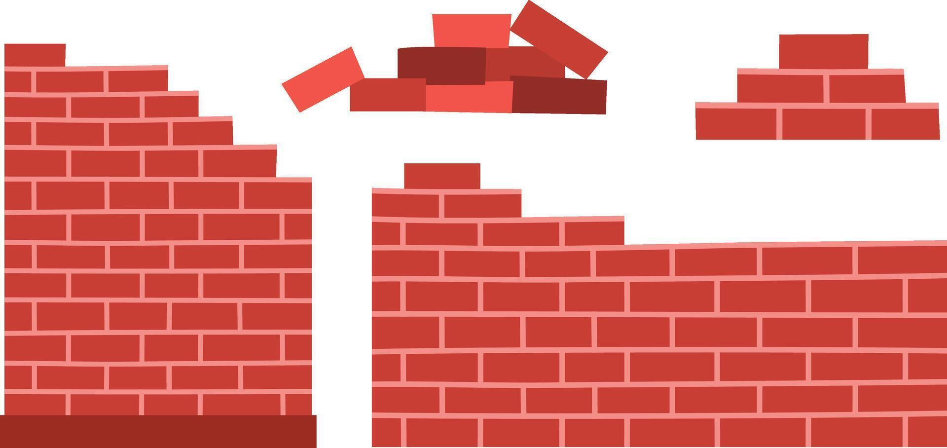 red brick wall set. Construction site illustration. Brickwork pile clipart isolated on white background vector