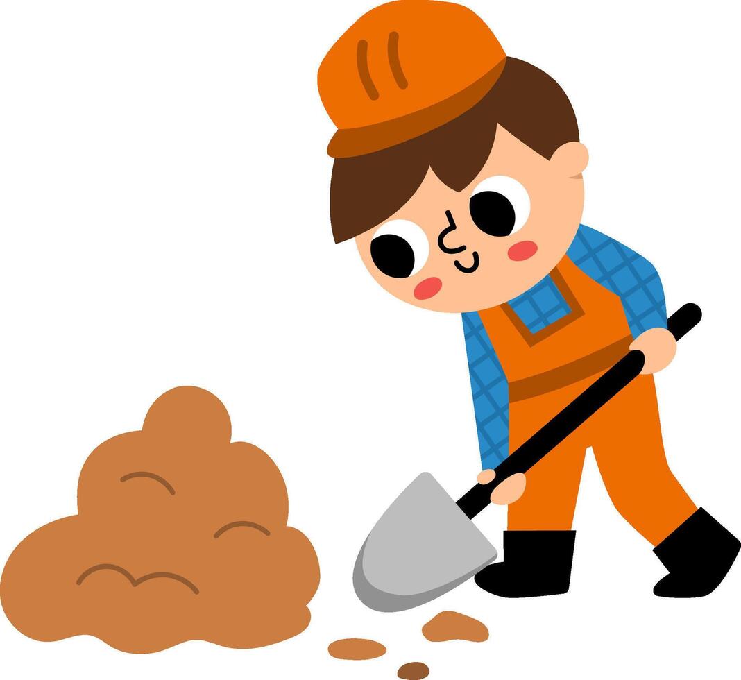 cartoon builder with digging earth with shovel. Cute repairmen illustration for kids isolated on white background. Funny worker in helmet with spade. Profession icon for children vector