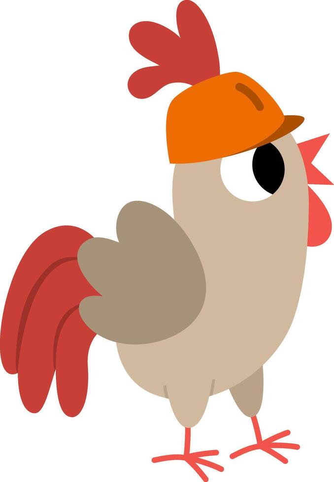 cockerel in hard hat. Construction site worker illustration for kids. Funny builder rooster character. Cute bird repairmen icon isolated on white background vector