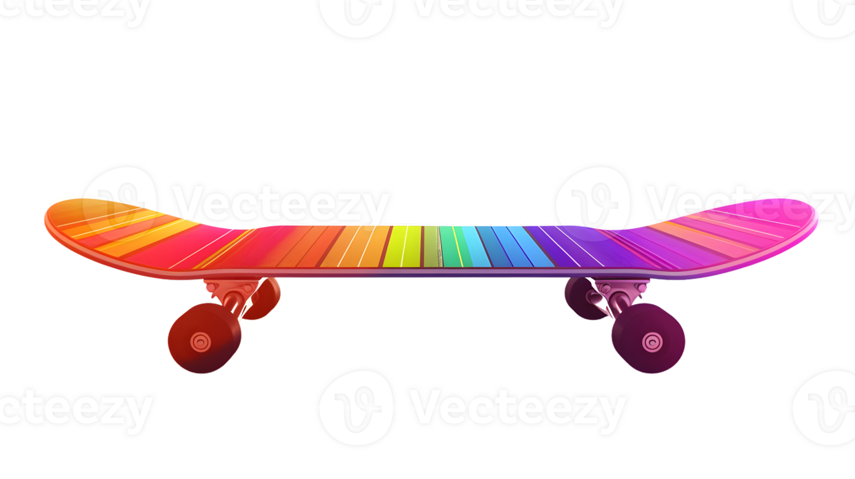 Colorful Skateboard with Rainbow Design and Vibrant Wheels for Sports Recreation and Artistic png