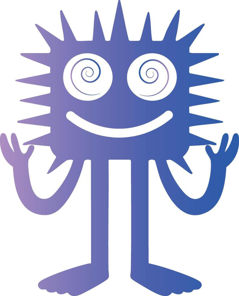 Illustration of a funny fantasy character with a square, prickly body, large spiral eyes and a wide smile. vector