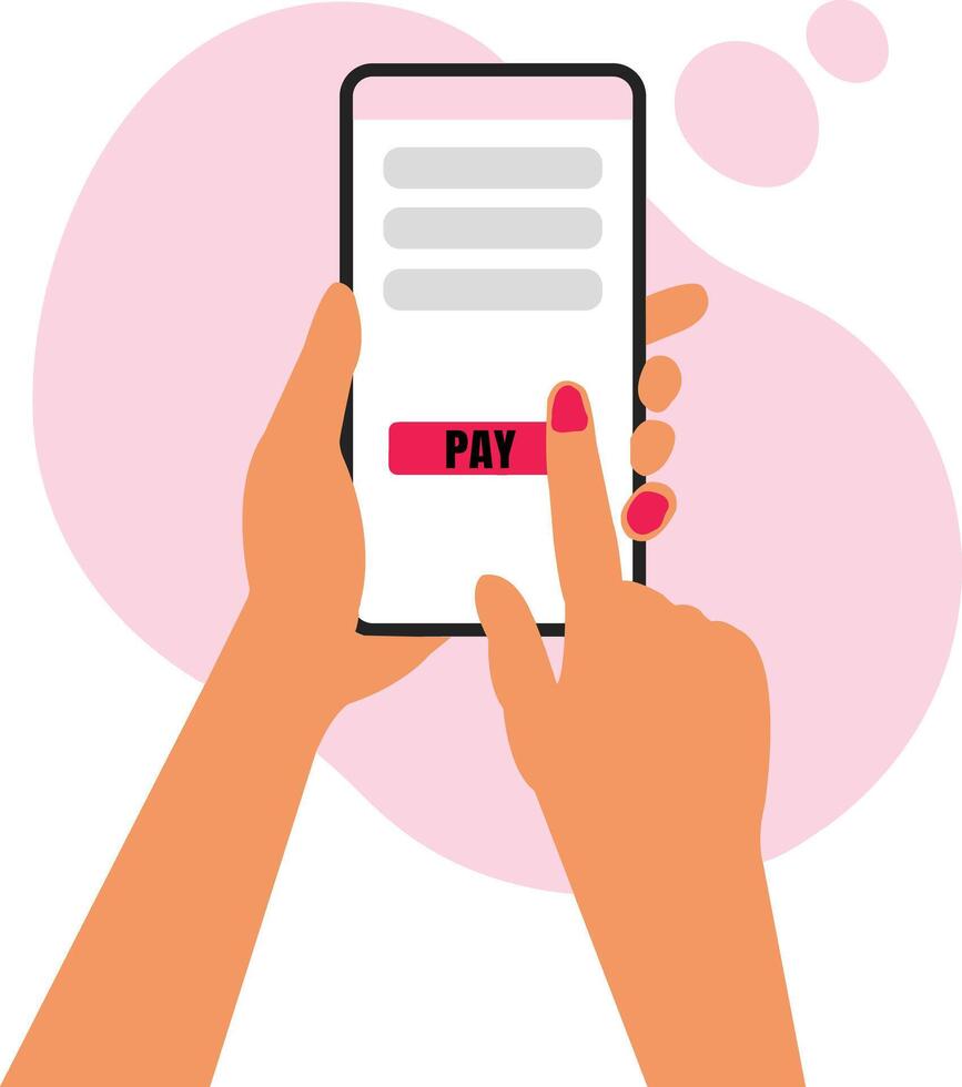 Female hand holding phone with payment process on screen. Person paying for service or taxes via mobile application flat illustration. Technology, finances concept for banner, website design vector