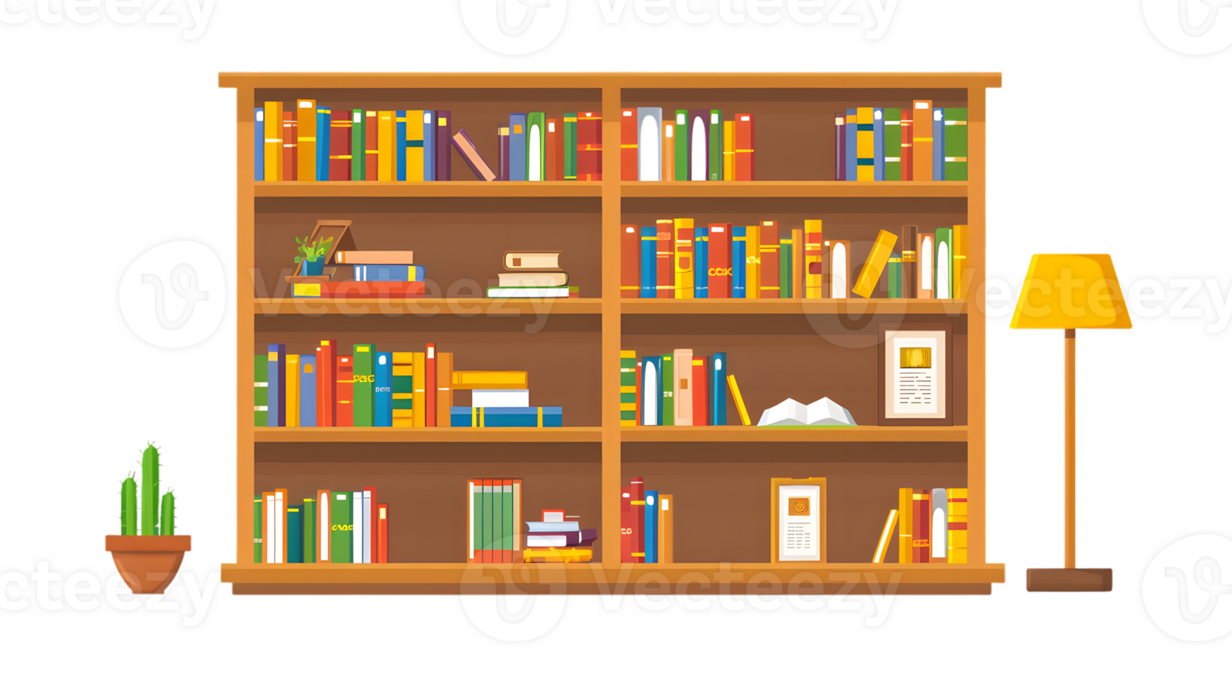 Organized Bookshelf with Books Decorative Items and a Reading Lamp for Cozy Study or Home Off png