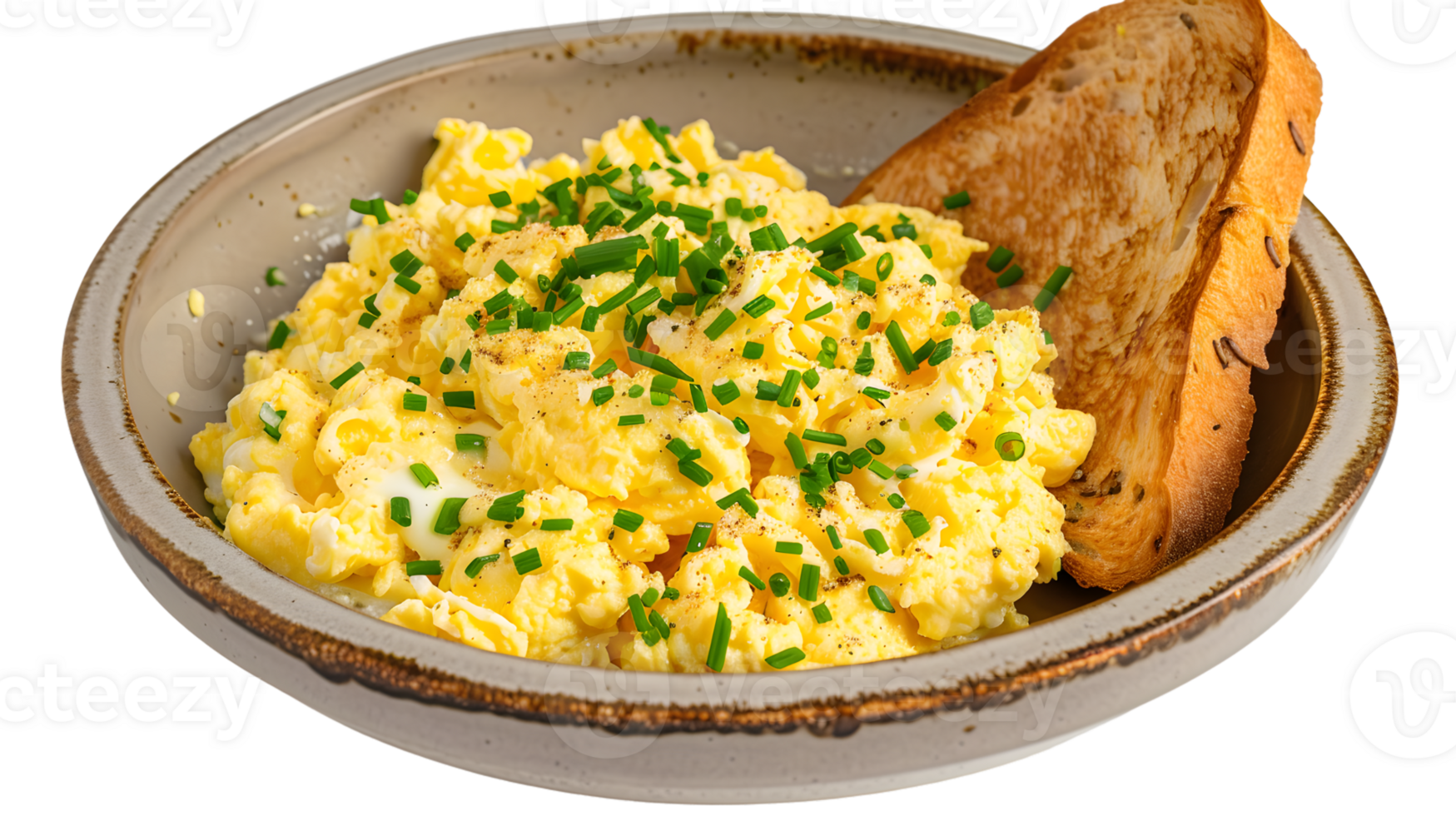 Scrambled eggs with chives and toasted bread in a bowl png