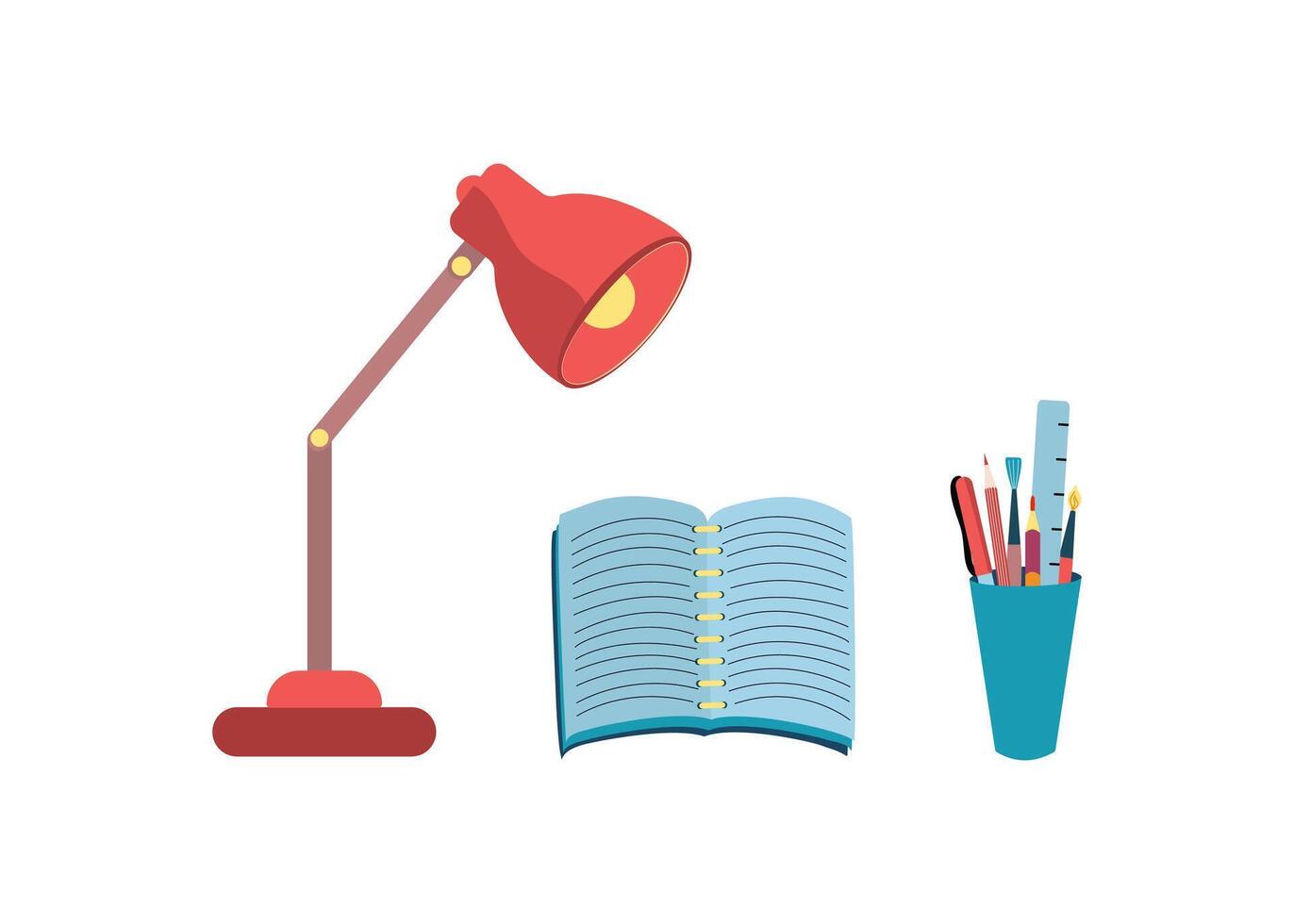Office, education, preparation for school. Lamp, notebook, pens, pencils, art brushes in a glass. Accessories for study. Color illustration. Background isolated. vector
