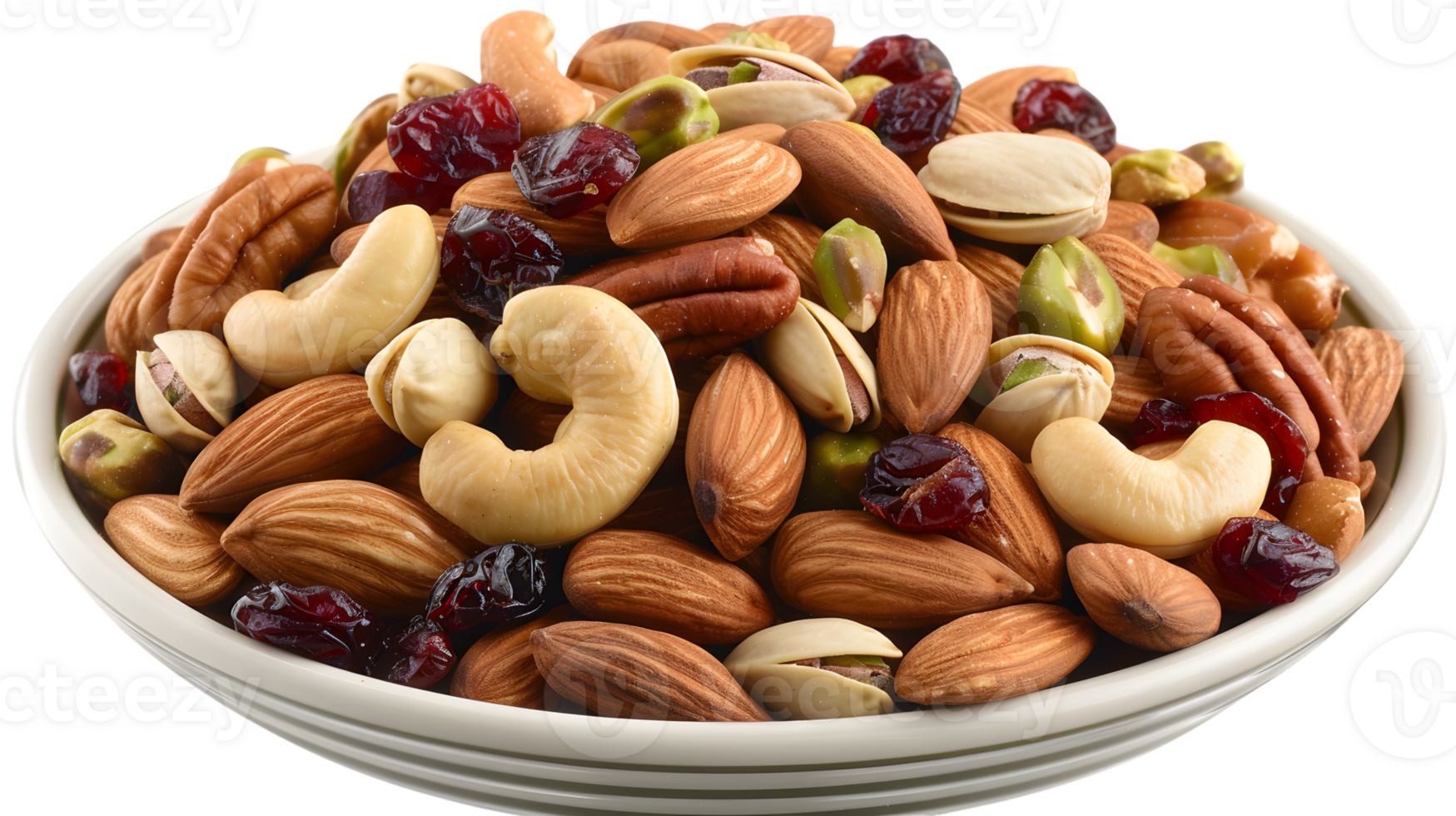 Trail Mix Almonds Cashews Pistachios Pecans and Cranberries in Bowl png