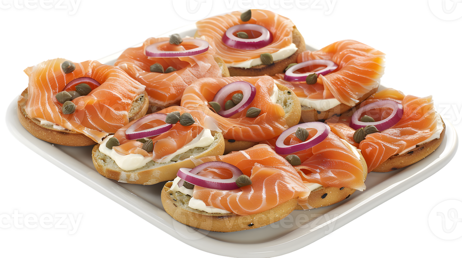 Smoked Salmon Appetizers on Bagels with Red Onion and Capers png
